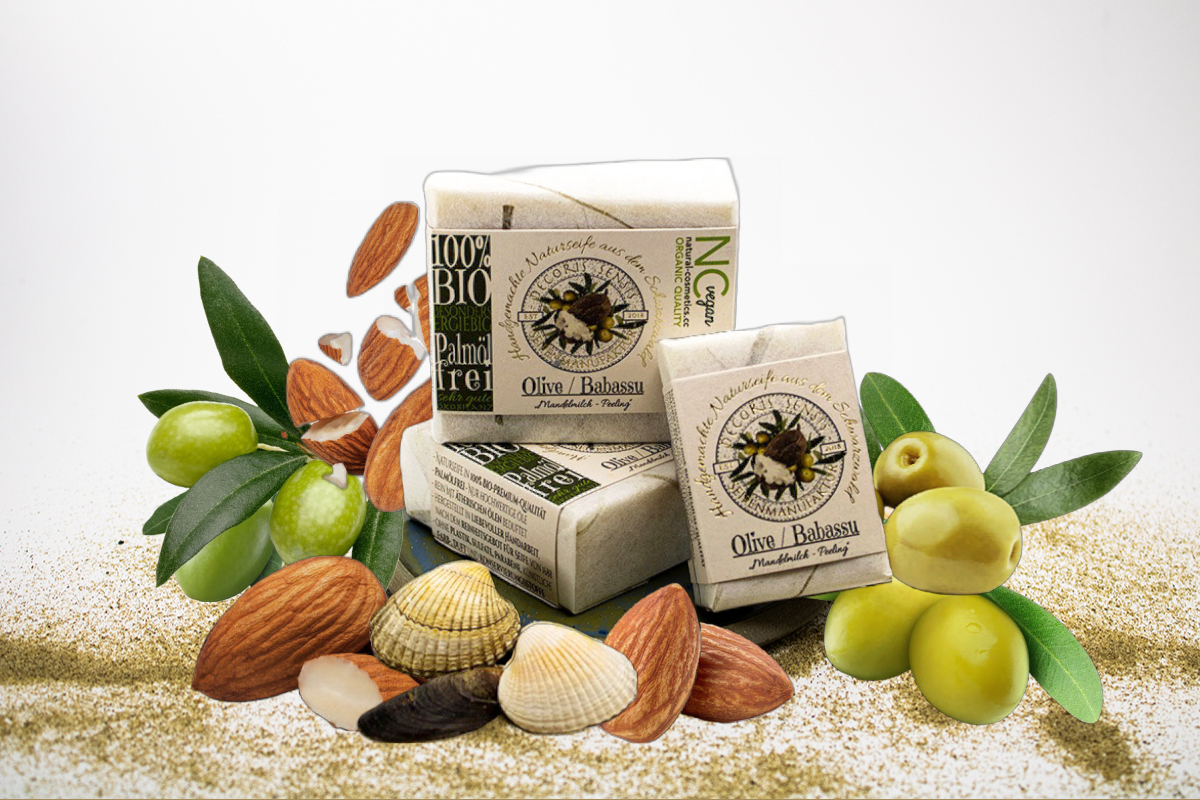 Vegane Hand- und Duschseife | Olive/Babassu – Mandelmilch-Peeling | Bio Naturseife